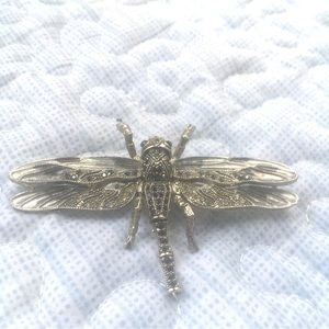 Vintage Signed silver tone metal rhinestone dragonfly pin